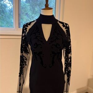 INC International Concepts Black Dress with Sheer Embroidered Sleeves